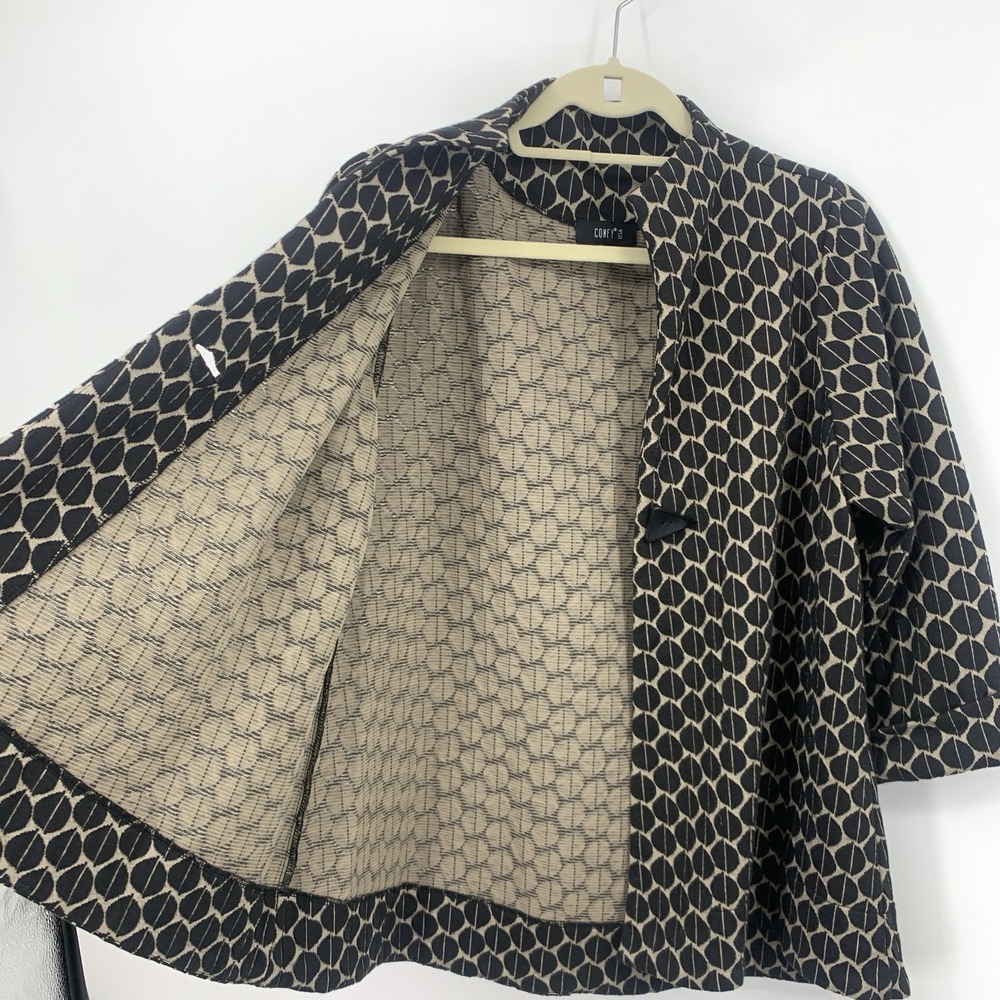 COMFY USA Women Size Medium Jacket‎ 1 Button Top Black Brown Print 3/4 Sleeve - Picture 5 of 7